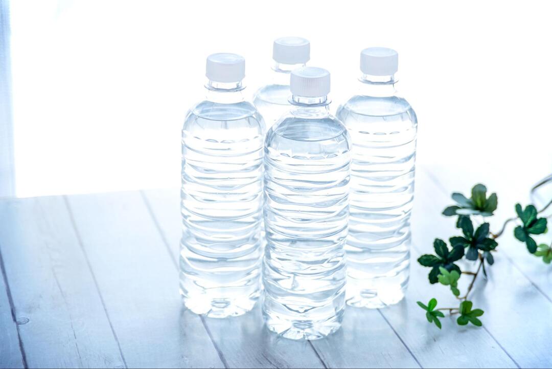 テーブルの上に並べられた水が入った4本のペットボトルと、右側に添えられた小さなグリーンの植物